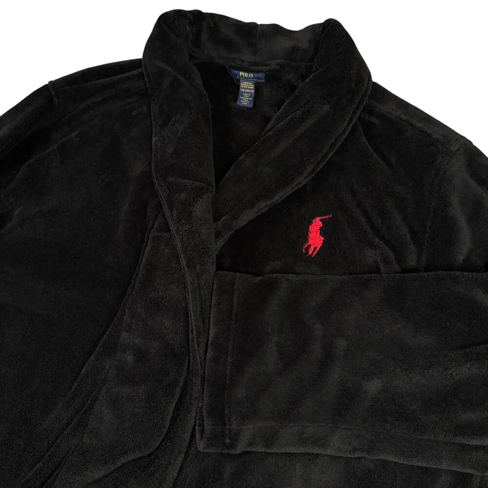 Polo Ralph Lauren Microfiber Shawl‎ Robe Black Plush Big Red Pony L XL